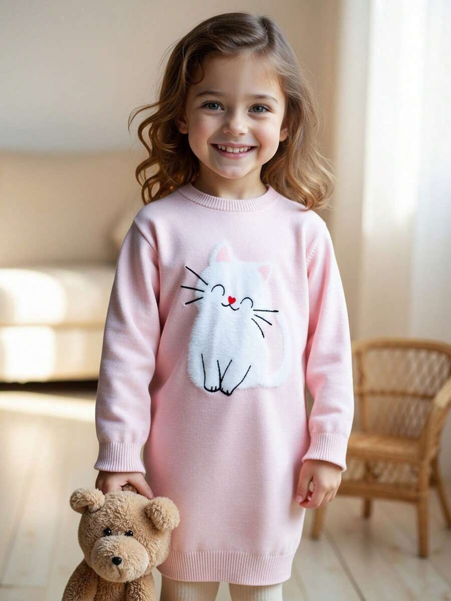 Blossori  Young Girls' French Elegant Animal Print Round Neck Knit Dress,Cozy Fall & Winter Styles - Pink - View 1