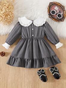 Souflis Souflis Infant/Baby Girl Autumn Long Sleeve Dress, Bowknot Collar Design, Ruffled Lapel, Comfortable Princess Outerwear - Grey - View 2