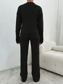 EURMUSE Women's Autumn/Winter Solid Color Round Neck Long Sleeve Sweater And Knit Pants Casual 2 Pieces Set - Black - View 3