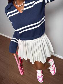 Slaydiva Áo croptop dệt kim dài tay có khóa kéo nửa sọc tương phản dành cho nữ - Màu xanh hải quân - Xem 7