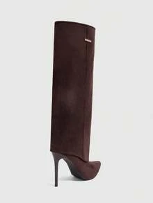 CUCCOO SZL Sepatu Bot Setinggi Lutut Stiletto Ujung Lancip Berbahan Suede dengan Dekorasi Logam untuk Wanita, Cocok untuk Natal. - Coffee Brown - View 4