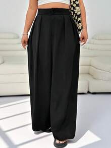 Solflare Plus Size Office Women Outfits,Black High Waist Straight Leg Casual Pants, Minimalist & Stylish For Daily Wear,Spring Summer Clothes In Fall/Winter