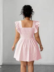 Elenzga 大码女式优雅度假风格纯色提花荷叶边袖孔腰部收腰连衣裙，夏季 - 粉色 - 查看 2