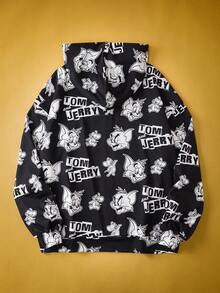 TOM & JERRY X SHEIN Bluza z kapturem i zamkiem błyskawicznym w dużym rozmiarze, jesienna bluza z nadrukiem w kreskówkowym stylu, czarna bluza z grafiką, styl uliczny, swobodna, czarna, minimalistyczna, klasyczna, z kapturem i zamkiem błyskawicznym w kreskówkowym stylu/zima - Czarne - Zobacz 2