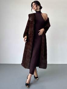 Firerie Women's Elegant Long Solid Color High Neck Side Slit Knit Dress - Burgundy - View 2