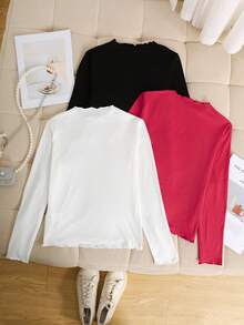 SHEIN 3件套青少年女孩休闲舒适波浪领字母图案T恤套装 - 彩色 - 查看 2
