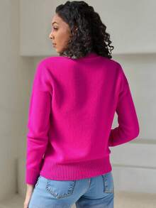 EURMUSE Vibrant Pink Crew Neck Cardigan With Heart-Shaped Gold Buttons And Ribbed Cuffs - Pink - View 2