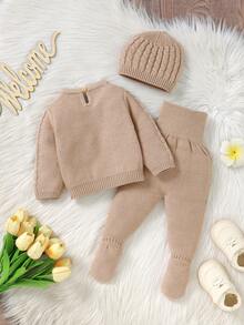 SHEIN Vintaside Kids 2 件套新生儿幼儿男女款蓝色纯色休闲可爱柔软舒适日式长袖毛衣和裤子套装，适合日常穿着、外出、秋冬 - 卡其色 - 查看 2