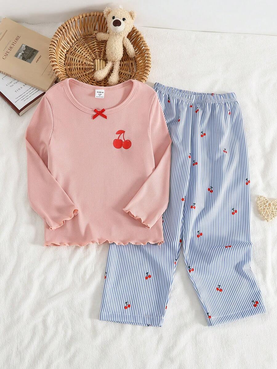 Young Girl' Navy Blue Cherry Print Long Sleeve Top & Ribbed Pants Pajama Set - Pink - View 1