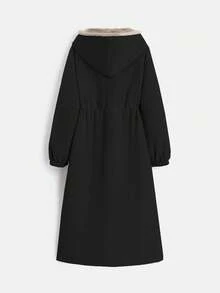 GlowEve 女士冬季服装长袖抽绳腰连帽保暖内衬长款休闲加厚棉服外套 - 黑色 - 查看 2