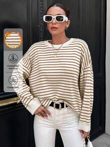 RueChic Women'S Striped Drop Shoulder Sweater - Brown - View 1