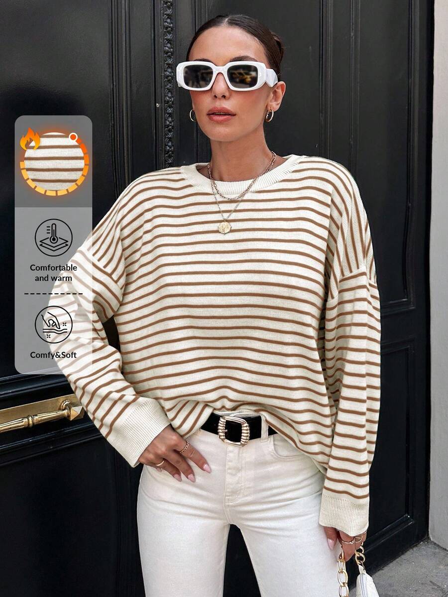 RueChic Women'S Striped Drop Shoulder Sweater - Brown - View 1