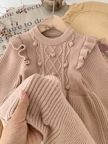 SHEIN Babygirl 可爱卡其色荷叶边长袖针织连衣裙，秋冬