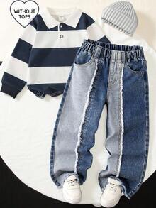 SHEIN Streecool Kids 小男孩个性化街头拼布设计破洞下摆牛仔裤