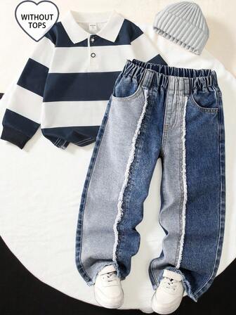 小男孩个性化街头拼布设计破洞下摆牛仔裤