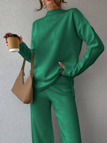 SHEIN Cottnline 女款立領落肩長袖毛衣+毛衣褲套裝 - 綠色 - 查看 5