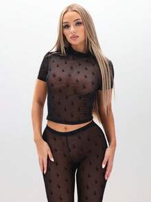 BABYPHAT Flocked Mesh High Neck Short Sleeve Sheer Overlay Top With Textured Detailing For Layered Looks - Black - View 5