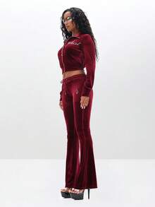 BABYPHAT Low Rise Velour Sweatpants With Flared Legs And Rhinestone Details For Fall Winter Red 2 Piece Set - Burgundy - View 3