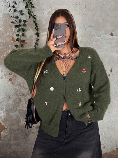 Whyspr Grunge Punk Cottage Punk Plus Size Women Maple Leaf Embroidered Knit Cardigan