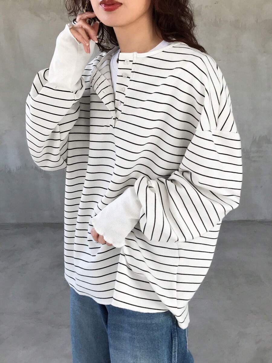 FRIFUL Women's Colorblock Striped Long Sleeve Loose T-Shirt