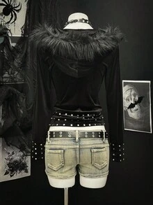 SHEIN PETITE Áo nỉ nữ thời trang trang trí kim loại - màu đen - Xem 2