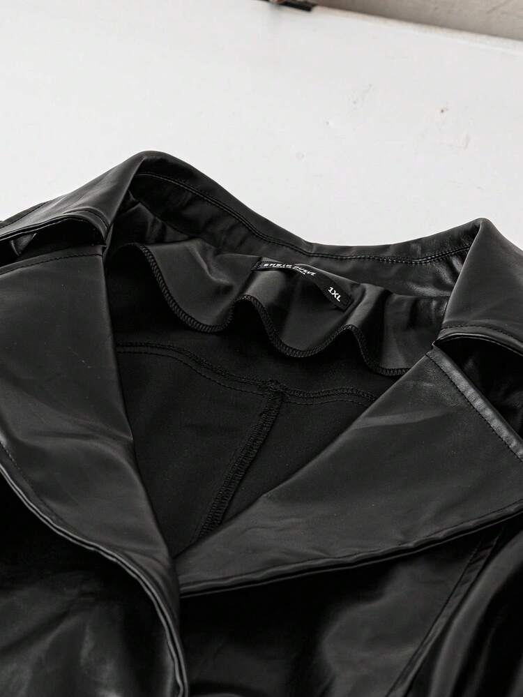 SHEIN Franclia Giacca a vento casual e ampia in pelle PU di taglia comoda, adatta per l'autunno - nero - Visualizzare 4