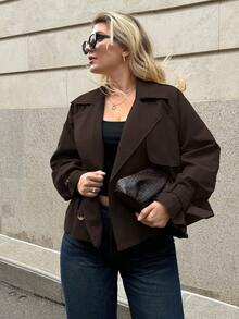 Auralis Plus Size Women's Autumn And Winter Fashion Casual Loose Comfortable Daily Basic Versatile Classic Dark Brown Short Windbreaker Jacket,Fall Outfits,Simle Style,Winter Coats,Old Money Style