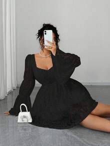 Elenzga Plus Size Women Lace Square Neck Long Sleeve Short Party/Date Dress - Black - View 8