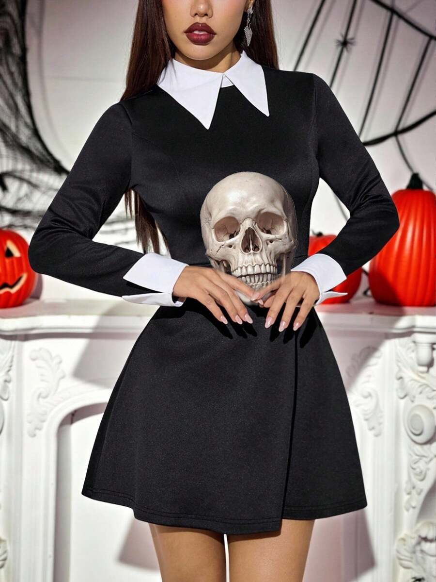SHEIN PETITE Váy Halloween màu tương phản đen trắng dành cho nữ, Trang phục dự tiệc hóa trang - màu đen - Xem 1