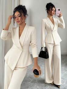 Elenzga Women's Suit Set, Suit Fabric, Lapel Collar, Long Sleeve, Waist Cinched A-Line Asymmetric Hem, Metal Button Decor, Sophisticated & Elegant For Office, Commute, Street Style, French Romantic, Casual, Middle Eastern Vintage, Afternoon Tea, Party, Thanksgiving, Back To School, Spring/Autumn/Winter