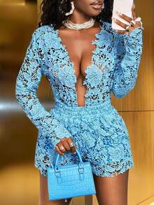 BamGleam Women's Fashionable Sexy Hollow Out Top & Shorts Set