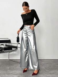 Siren Gaze 女士皮革女裤纯色前扣简约休闲裤，日常穿着，女士下装 - 銀色 - 查看 4