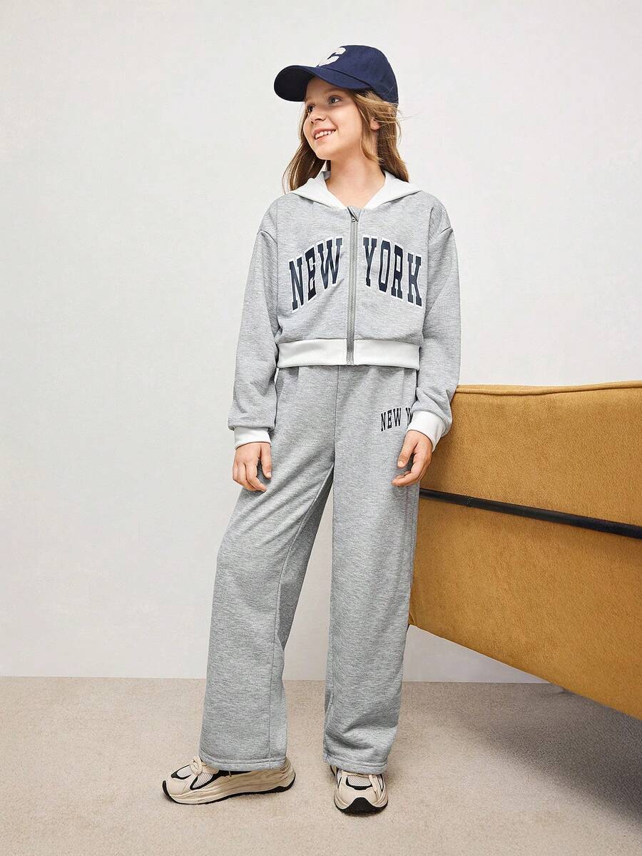 Bộ áo hoodie có khóa kéo thời trang xuân thu đông cho bé gái, áo khoác có mũ màu trắng tương phản và quần ống rộng, quần có cạp chun màu trắng đặc biệt, in chữ "NEW YORK" thời trang cổ điển, phù hợp mặc ở nhà và dạo phố - Nhiều màu - Xem 1