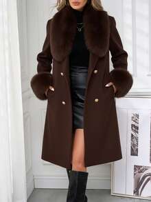 SHEIN Clasi 女士双排扣腰带蓬松饰边优雅长款秋冬大衣 - 摩卡棕 - 查看 3