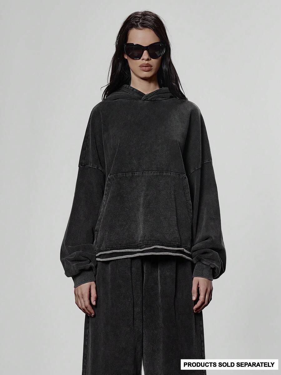 MUSERA Oversized Boxy Fit Washed Distressed Hem Hoodie Only Streetwear Cool Night Out Everyday Sexy - Black - View 1