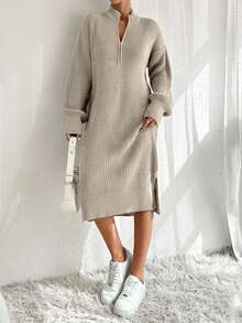 EURMUSE 女士拉链针织毛衣裙 - 杏色 - 查看 8