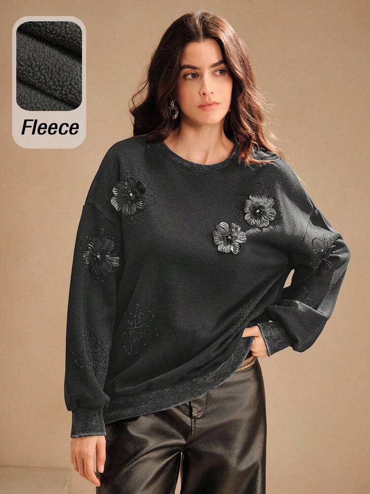 Damen Lässig Pullover mit Strass-Verzierung und Schneeflocken-Dekor, Rundhalsausschnitt, Langarm, Schwarz, thermisch gefüttert für Herbst/Winter