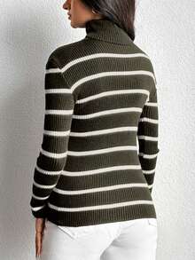 EURMUSE Women's Turtleneck Long Sleeve Striped Fitted Casual Sweater,Jumper,Cream Jumper,Jumpers,Black Jumper,Womens Jumper,White Jumper,Women's Jumper,Women's Jumpers,Winter Clothes - Army Green - View 2