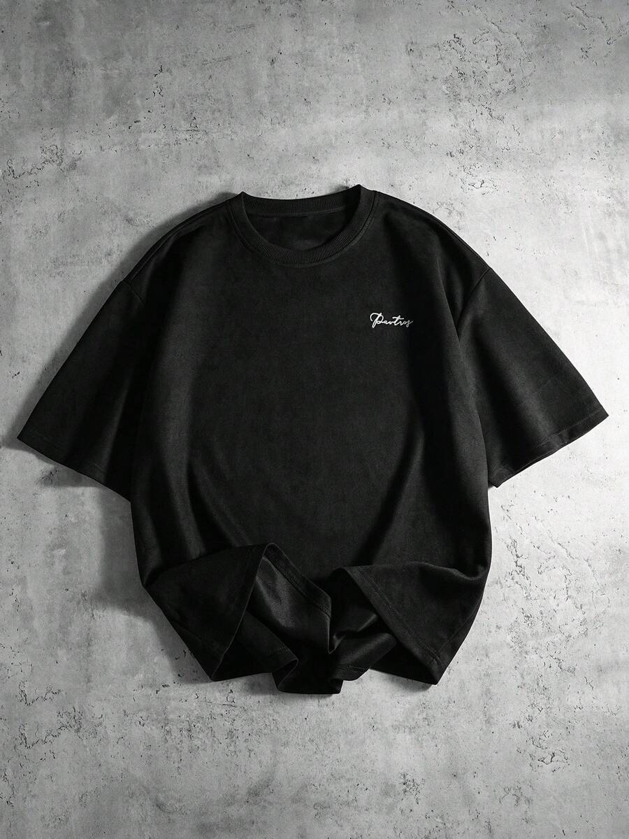 PAVTROS Manfinity Streetrush 男士街头风流行 INS 同款男士休闲印花圆领落肩短袖 T 恤，图案 T 恤，街头服饰，保暖冬季，圣诞节，男友礼物 - 黑色 - 查看 1