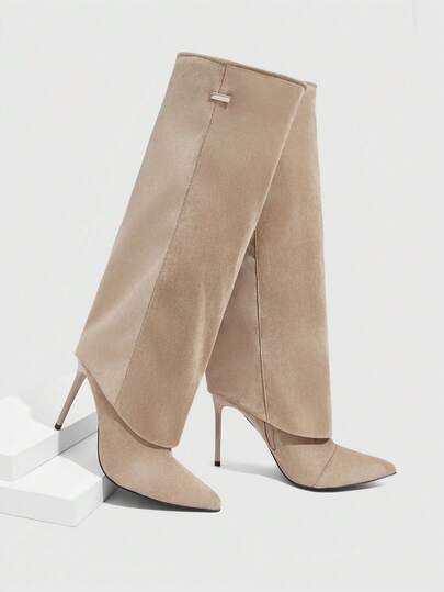 CUCCOO SZL Women's Fashion Suede Metal Decor Wide Leg Pointed Toe Knee-High Boots For Christmas