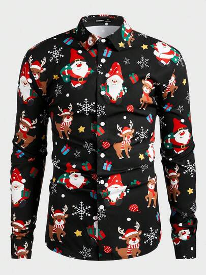 Manfinity Homme Camisa masculina de manga comprida com gola virada para baixo e estampa de rena e gnomo de Natal tamanho grande