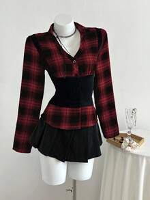 Elamini 女士秋冬时尚格子拼接撞色腰衬衫领长袖上衣 - 紅色 - 查看 4