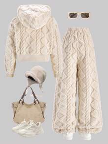 Girls Casual Diamond Pattern Reversible Fleece Hooded Zip-Up Jacket And Simple Fleece Pants 2 Pieces Set, Autumn/Winter