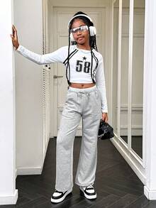 SHEIN Dziewczęce spodnie dzianinowe w jednolitym kolorze z prostymi nogawkami i swobodnym krojem