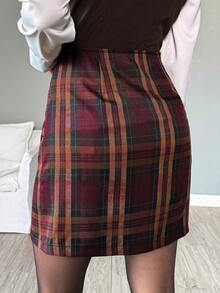 Easowa 女士半身裙 秋季半身裙 复古圣诞格子印花A字迷你裙，休闲通勤优雅格子裙 女士小开衩A字裙 休闲办公室优雅街头风女裙 工作女裙 冬季假日红色半身裙 - 酒紅色 - 查看 3