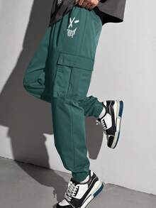 SHEIN Teen Boy Letter Graphic Flap Pocket Cargo Pants - Army Green - View 4