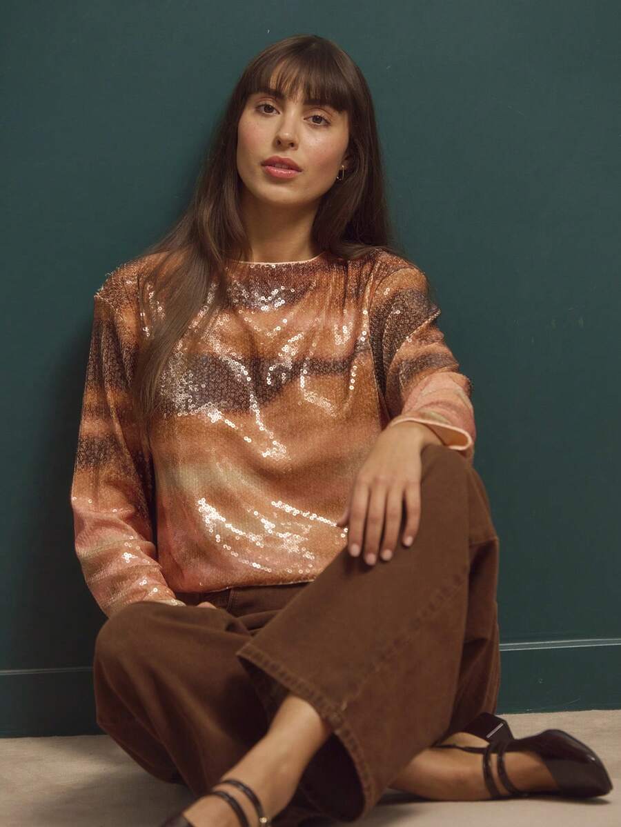 lacRébo Pink And Brown Gradient Sequin Cropped Sweater With Long Sleeves, Chic Fall-Winter Party Top Shiny Top Premium Sparky Top  New Year Party Outfits - Orange - View 1