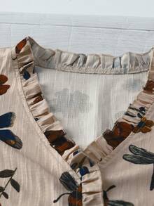 Linhara Áo sơ mi tay dài in họa tiết hoa cỡ lớn dành cho nữ, áo thun dài tay dáng rộng cổ chữ V họa tiết bèo nhún, chất liệu vải mềm mại và thoải mái, phù hợp mặc vào mùa thu cho nữ - Nhiều màu - Xem 4