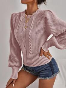 SHEIN Cottnline Cable Knit Round Neck Lantern Sleeve Sweater - Dusty Pink - View 4