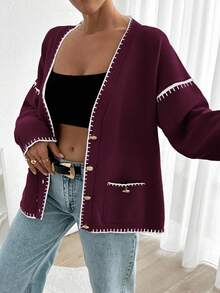 EURMUSE Women Solid Color Deep V-Neck Handmade Stitch Detailed Cardigan - Burgundy - View 4